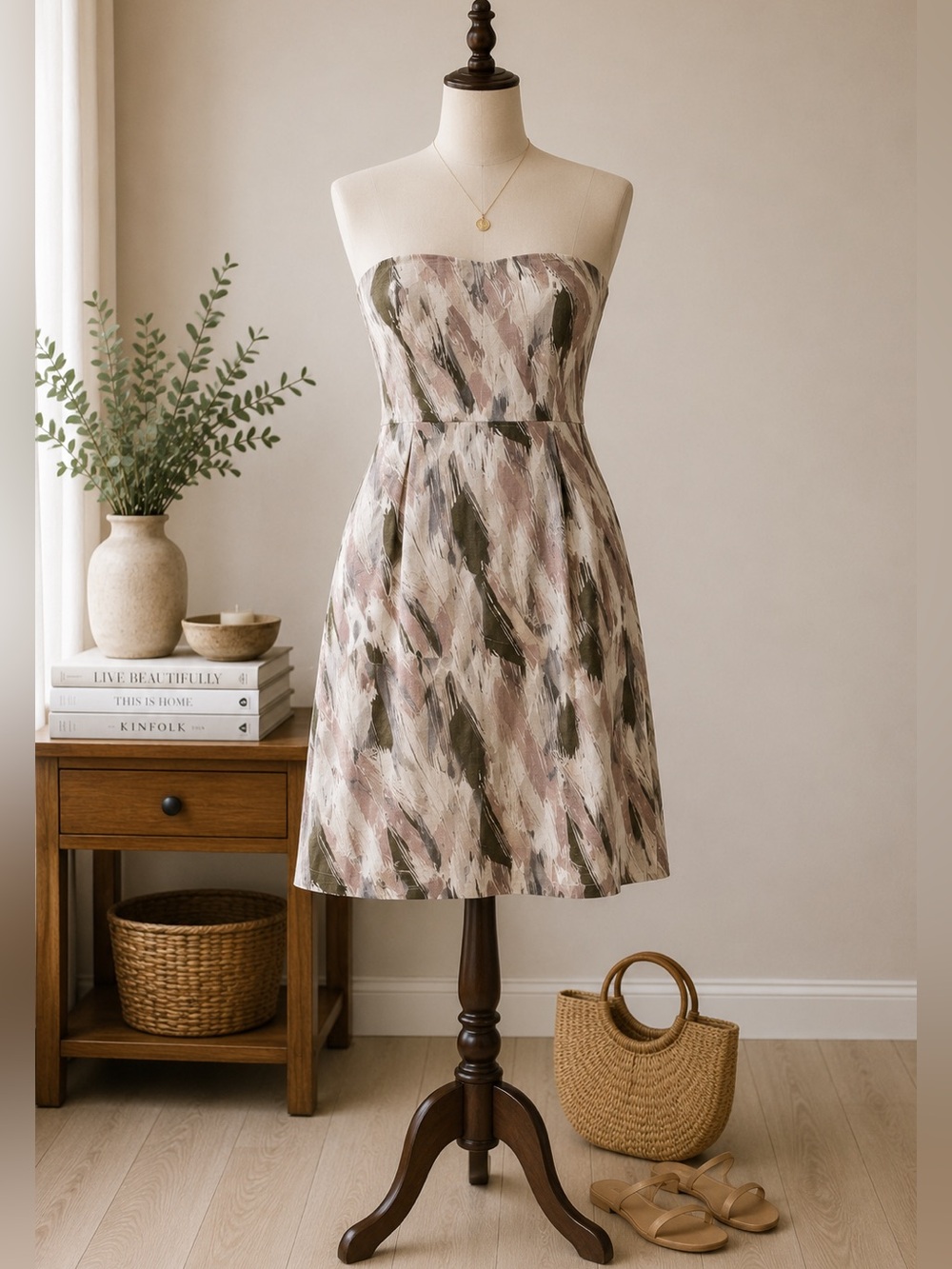 Banana Republic Linen Blend Strapless Dress Abstract Print Taupe Beige Olive M
